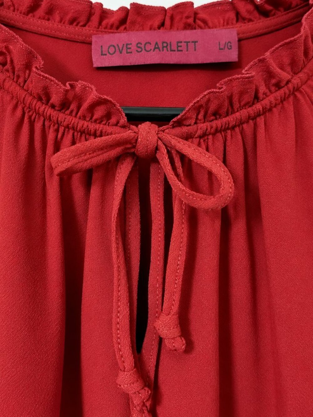 Sun-Dried Tomato Ruffle Tie Neck Blouse Gold Eyelet Short Sleeve Size L/G - Picture 7 of 11